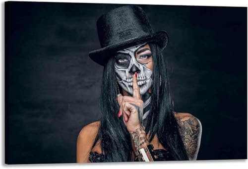 Wandbild Leinwandbild Bilder von sexy Tattoo Girl mit Hut/kunstdrucke für Wohnzimmer, Schlafzimmer und für zuhause/fertig zum aufhängen (80x120 cm)