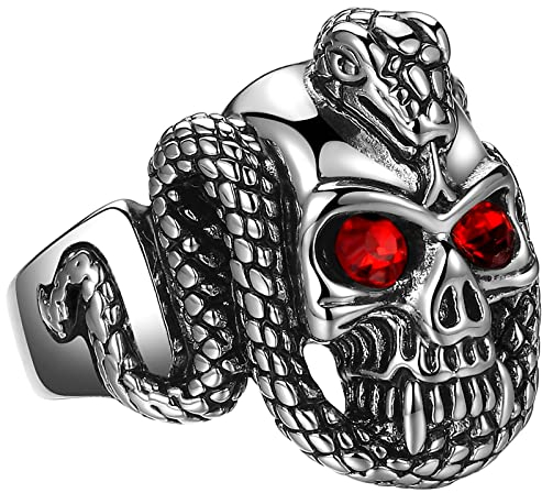 JewelryWe Schmuck Biker Herren-Ring Gothic Punk Schlange Totenkopf Schädel mit Rot Augen Ring Schlangenring Edelstahl Band Bandring mit Gravur Silber Größe 65