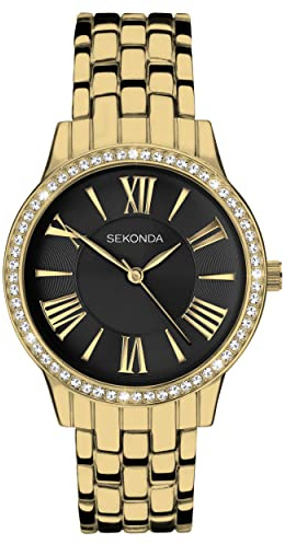 Sekonda Charlotte Ladies 33mm Quartz Watch in Black with Analogue Display, and Gold Alloy Strap 40562