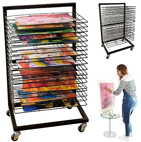 ODOXIA Estante De Secado De Arte Pequeño para Aulas | Estante de Secado de Pintura Portátil y Funcional | 19 Bandejas Extraíbles | Soporte para Lienzos | Estante Apilable para Pinturas y Más