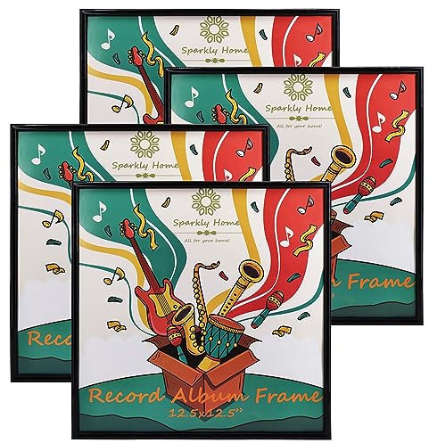 SparklyHome 4 Packungen, 12,5 x 12,5 cm schwarzer PVC-Vinyl-Schallplattenrahmen, Display Musik Vinyl LP Schallplatten Album Cover, Aufhängung im Lieferumfang enthalten