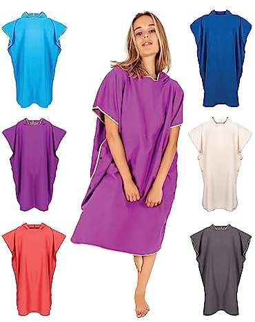 Gräfenstayn Premium Badeponcho mit Knöpfen - Öekotex 100 - Umziehhilfe Damen & Herren - Surf-Poncho Strand - Handtuch-Poncho Erwachsene - Umkleide-Hilfe - Badeumhang Mikrofaser (L-XL lila)