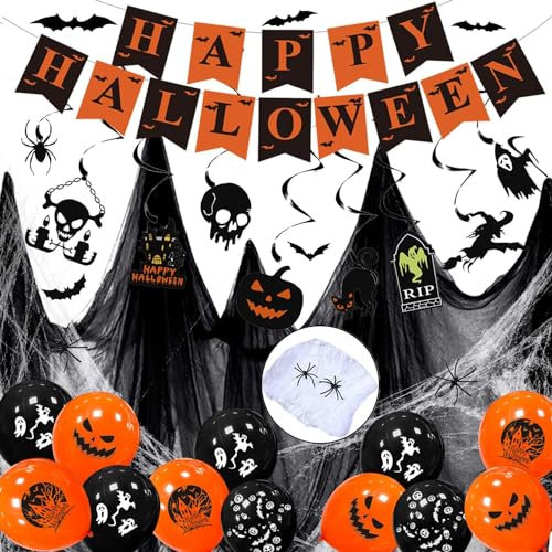 RHZXD Halloween Deko Set, Halloween Spiralen Deckendeko Gruselig Party Stoff, Horror HAPPY HALLOWEEN Girlande, 3D Fledermaus Wanddeko, Spinnennetz mit 30 Spinnen Indoor outdoor Garten Dekoration