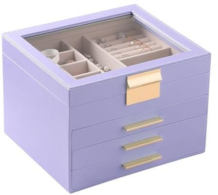 Frebeauty Joyero con tapa transparente, organizador de joyas de 4 capas, caja de almacenamiento multifuncional grande con 3 cajones, vitrina de joyería para mujeres y niñas (lavanda)