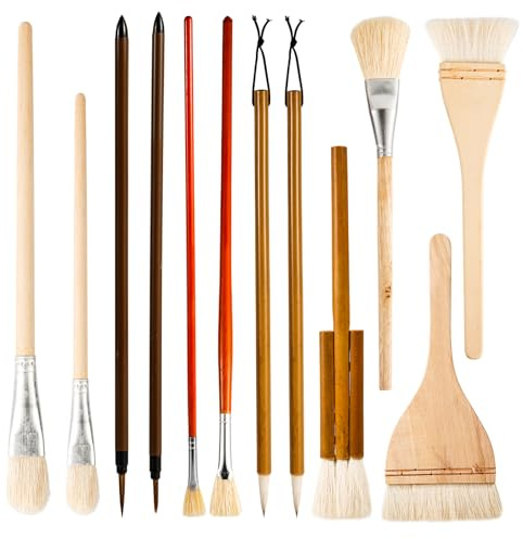 12pcs Ceramic Glaze Brush Set, Pottery Glaze Brushes Acrylic Watercolor Paint Brushes Glaze Fan Brushes for Pottery Art Paintbrush Sets for Drawing Artists Painting Students Kids Adults