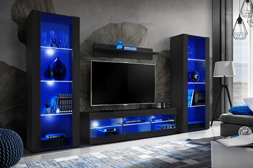 Komodee Wohnwand Wohnzimmerset Tivoli Grande, Schwarz/Schwarz, Breite 250cm x Höhe 159cm x Tiefe 35cm, LED Blau, für Wohnzimmer, Schlafzimmer