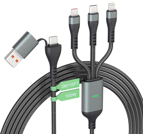 100W Multi Ladekabel 3M/10Ft [Apple MFi Zertifiziert] USB-A/C Auf Langes 3-in-1 Typ C+ 27W Lightning+18W Micro, Schnellladekabel für iPhone 15 14/Laptop/Android