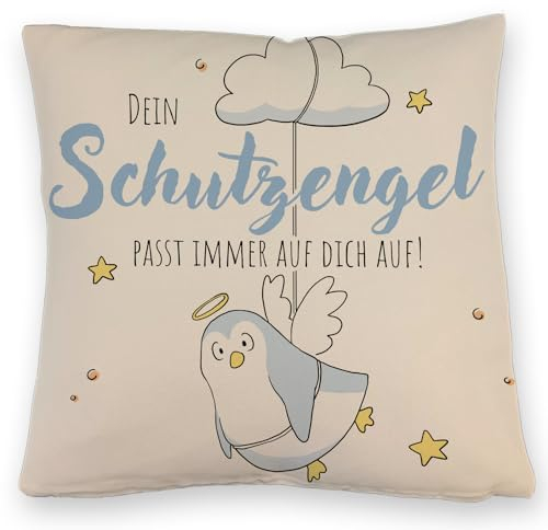 Schutzengel-Pinguin Kissen mit Leinenoptik in blau mit Spruch Passe Immer auf Dich auf EIN niedliches DekoKissen mit Leinenoptik für die Couch KuschelKissen mit Leinenoptik Pinguin