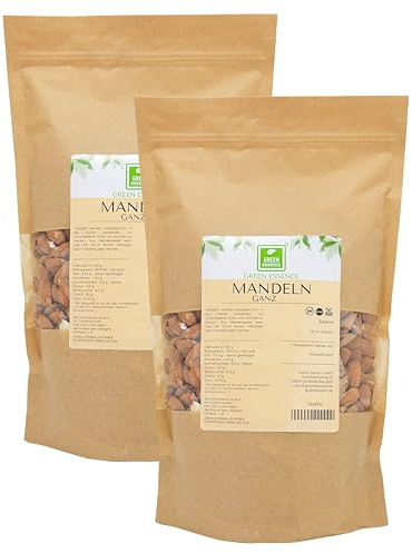 Mandeln 1kg natürliche ganze Mandelnkerne ohne Zusätze von Green Essence | 100% Mandeln ganz zum Backen, für Macarons, naturbelassen, ungeschwefelt, mit Haut, vegan, höchste Qualität Almonds, 1 kg