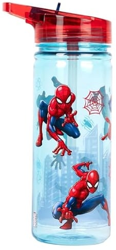 Marvel Bouteille en plastique Spiderman avec paille sans BPA, 580 ml, bouteille d'eau scolaire pour garçons, 100% étanche, bouteille de super-héros durable
