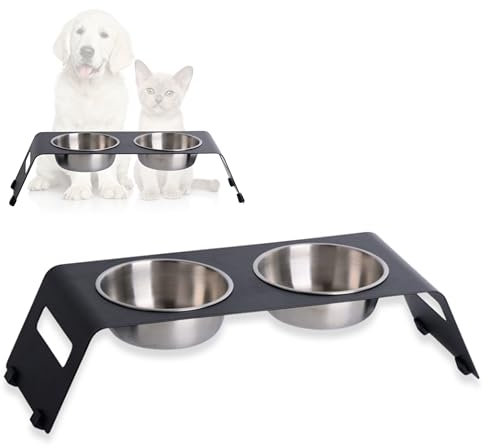 PETLINUS Gamelle Chat Surélevée Double - Gamelle Acier avec Support en métal - pour Chiot, Chien Petit ou Bol Chat, Mangeoirs et Abreuvoirs - Noir