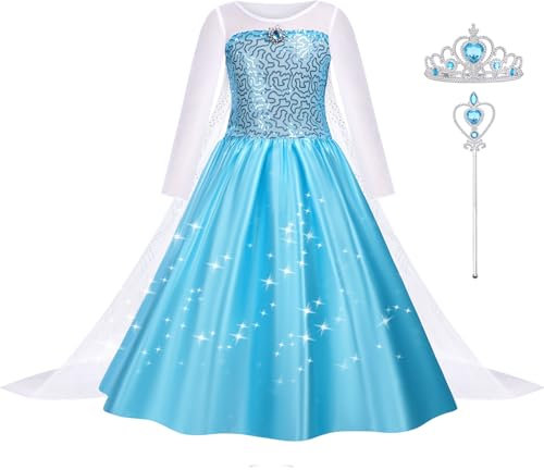 AUYAO Princess Kostüm Kinder Mädchen Kleid 4-teiliges Prinzessinnenkleid Set Kinder Prinzessin Kleid mit Krone Diadem Zauberstab für Verkleidung Karneval Halloween Rollenspiel Geburtstag Party (120cm)