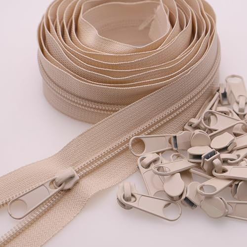 #5 Beige Nylonspulen Reißverschlüsse 9m Endlos Reißverschluss Meterware mit 25 PCS Reißverschluss Sliders für Nähen YIGUANXIN