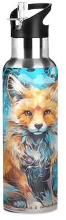 Niigeu Art Aquarelle Renard Animal Bouteille d'eau Isotherme avec Paille en Acier Inoxydable Gourde, Sans BPA Gourdes Eau pour Enfant Sport Randonnée École Bureau (600ml/1L)