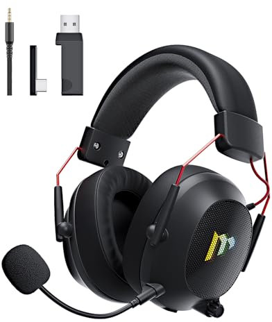 Mytrix Tac Master 2,4 GHz kabelloses Gaming-Headset mit Mikrofon mit Geräuschunterdrückung für PC, PS4, PS5, Mac, Bluetooth 5.3 Gaming-Kopfhörer mit RGB-Licht, Surround-Sound, 48-Stunden-Akku Schwarz