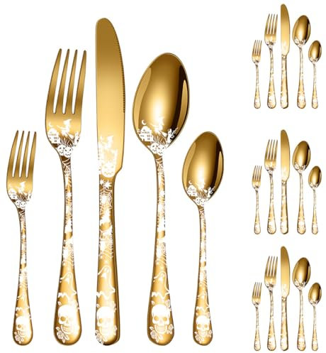 XIAOYU Set di posate scheletro a tema Halloween per 4, set di posate in acciaio inossidabile da 20 pezzi, set di posate decorative con motivo scheletro gotico, stoviglie di Halloween Pasqua e Natale