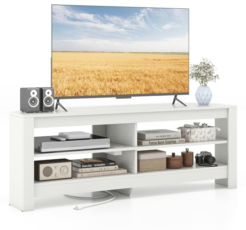 KOMFOTTEU Mueble de TV con Toma de Corriente Integrada, Armario Bajo para Televisores de hasta 65 Pulgadas, Mueble Esquina con 4 Estantes Abiertos, Consola de TV para Sala de Estar, Dormitorio
