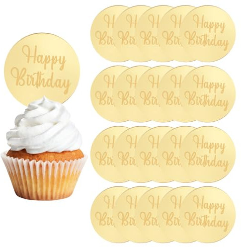 URROMA Lot de 20 décorations de cupcakes rondes en acrylique doré avec inscription « Happy Birthday » - Pour décoration de gâteau d'anniversaire