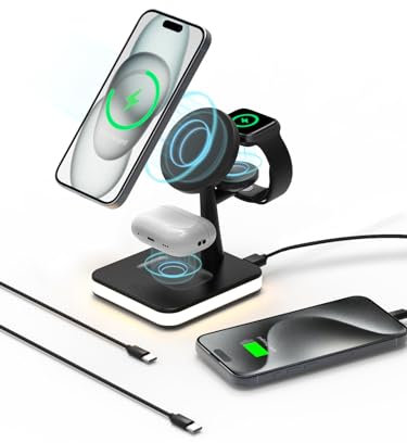 QUVFHE 4 in 1 Wireless Charging Station with Light and 1 port usb for Apple,Magnetic Wireless Charger Stand for iPhone 16/15/14/13/12,Apple Watch Series 10/9/8/7/Ultra 2/SE 2,Air-Pods 4/3/Pro/2(Black)