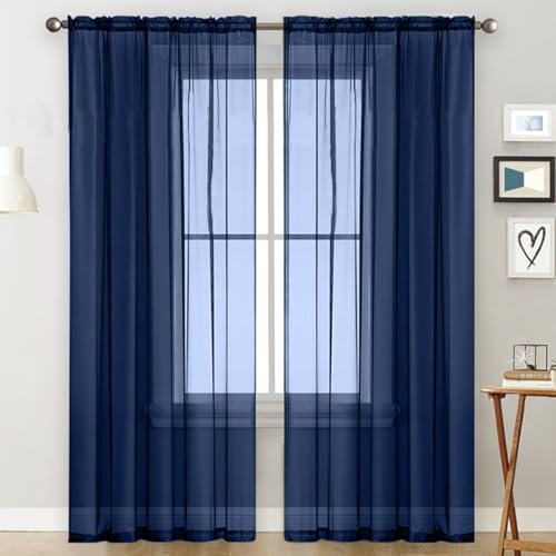 Lukery Rideau Voilage, Lot de 2 Rideaux Voilage, Voilages Intérieurs Rideau Fenetre pour Salon Voilage Fenetre Moderne Panneaux de Rideaux Intérieurs (100x250cm,Bleu Marine)