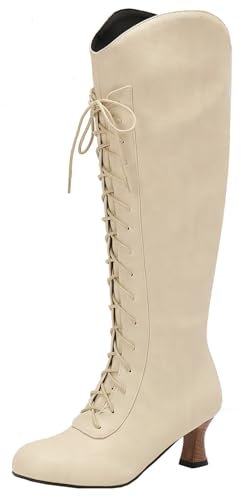 HSyc JRX Stivali alti al ginocchio da donna con lacci con tacco alto, beige., 38.5 EU