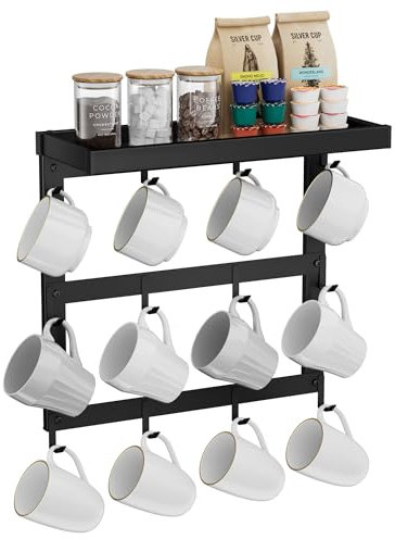 SZUGCOTD Coffee Mug Rack Wall Mounted, Rustic Metal Mug Holder Organizer with 12 Hooks and Top Shelf Cup Storage Rack for Home Kitchen Coffee Bar Station Mug Display and Collection