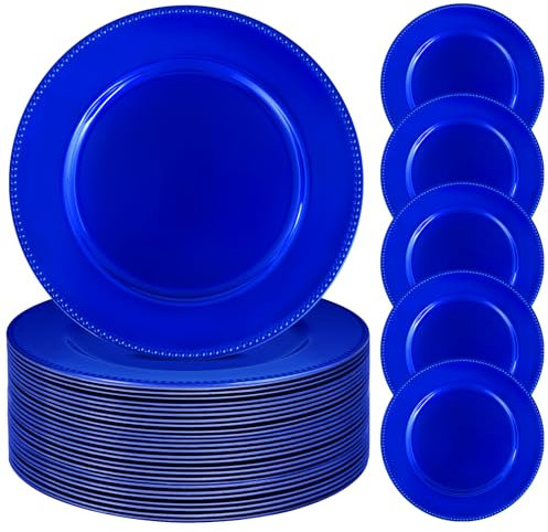 REWOMC 24 Pcs Royal Blue Charger Plates, 13 Round Beaded Plastic Dinner Chargers for Wedding Party, Baby Shower, Event Decoration