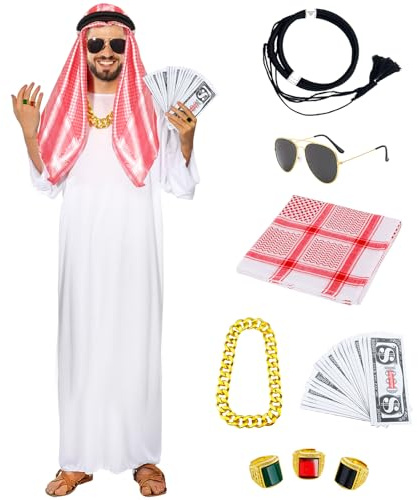 Mprocen Arabischer Scheich Kostüm, arabische Ölscheich Kostüm für Männer, arabische weiße Robe mit Kopftuch, Fingerring, Halsketten, Sonnenbrille für Karneval Party (L)