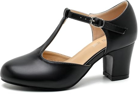 Women's T Strap Mary Jane Shoes Mid Block Chunky Heel Buckle Dress Pumps