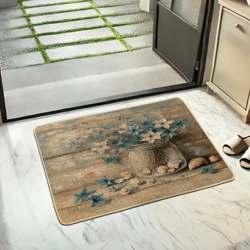 Fußmatte mit rustikalem Blumenmuster, Efeu, für Innen- und Außenbereich, Vintage-Dekor, Gummi, wasserdicht, rutschfest, staubabsorbierend, leicht zu reinigen, 73 x 43 cm