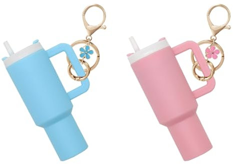TTPSRY Keychain Stanley Ice Cup Lip Balm Holder Keyring with Floral Charm Durable Resin Material Perfect for Outdoor Travel and Everyday Use(Pink + blue)