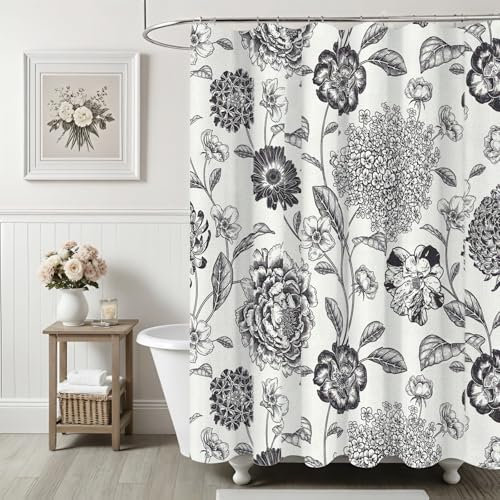 Ksriylm Tenda da doccia impermeabile in lino e cotone, colore nero, splendida tenda da doccia floreale per decorazione del bagno, tenda da doccia in tessuto elegante con foglie e fiori, 183 x 183 cm