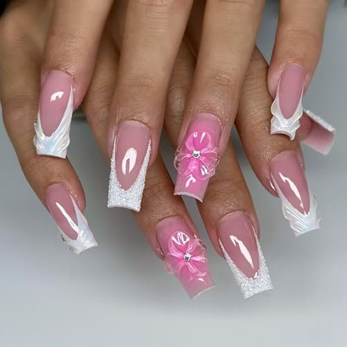 MouyouGlow Press on Nails Lang,Square Nude Weiß Glitzer French 3D Hibiscus Blumen Wavy Y2K Coquette Sweet Fake Nails Kunstnägel mit Nagelkleber,White Tips Flowers Sommer Künstliche Fingernägel