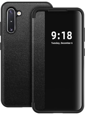 Hülle für Samsung Galaxy Note 10 Handyhülle S View Galaxy Note 10 Flip Case Stoßfest Kratzfest Tasche Flip Schutzhülle für Samsung Note 10, Durchscheinend View Silikon Bumper Handyhülle (Schwarz)