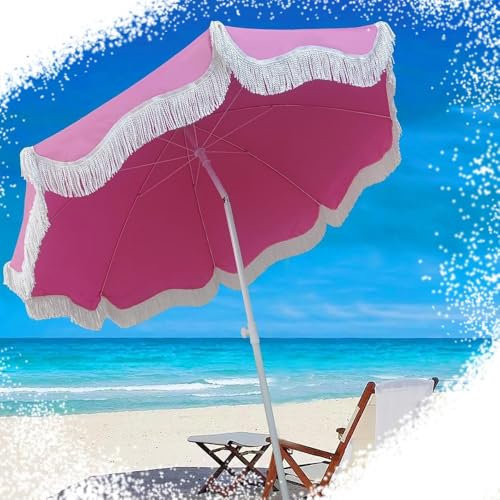 SMELEDFCFK 200cm Sonnenschirm Outdoor Strandschirm Mit Fransen, Tischschirm Neigbar Balkonschirm, Tragbar Camping Sonnenschirm Für Terrasse Garten Pool -Rosa