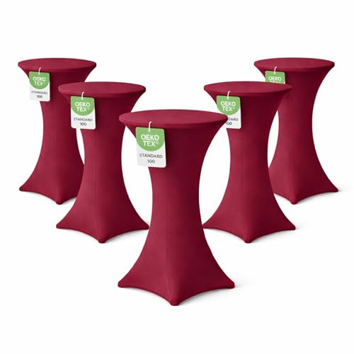 EXKLUSIV HEIMTEXTIL Stehtischhusse für Bistrotisch mit 4 verstärkten Fußlaschen elastisch Stretch Oeko-TEX Zertifiziert Ø 70-75x110-120 cm Bordeaux (5 Stück)