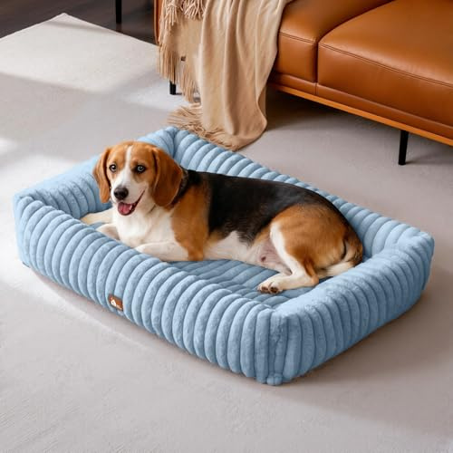 Upvilla Luxus Hundebett,4-seitiges Hundesofa,waschbarer Hundekorb,L Blau | Superweicher Kaninchen-Kunstfell-Bezug, dick aufgefüllte Stützpolsterung, integrierter Tragegriff, Großtierbett, Katzenbett