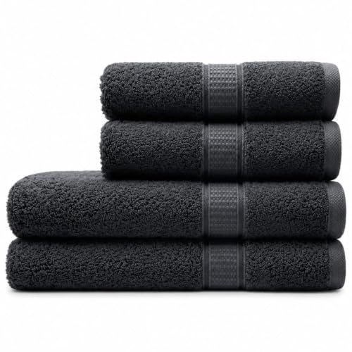 Harmatex 4 teiliges Premium Badetuchset - 100% Baumwolle 550 g/m² - Saugstark & Weich, ÖKOTEX Zertifiziert (2X 70X140 cm + 2X 50X100 cm) -2 Aufhänger - Ideal für Bad, Sauna & Hotel Black