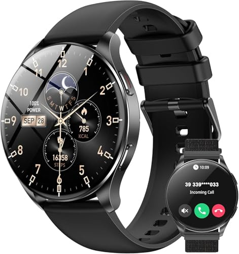 IOWODO Smartwatch Damen Herren 2026 (Rund 1.43 AMOLED) | Bluetooth Anrufe + 380mAh Akku (7 Tage) | 2 Armbänder | IP68 Wasserdicht | 100+ Sportmodi | 24/7 Puls+SpO2+Schlafanalyse | iOS/Android