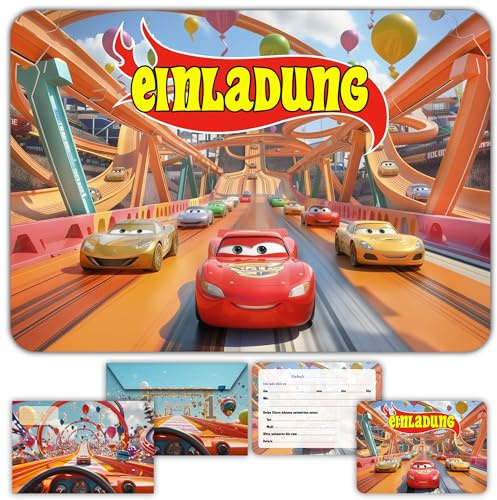 Glowiibo Fun4kid 12 x Auto Cars Einladungskarten Kindergeburtstag Junge mit passenden Umschlägen – für Kinder, Jungen - Vorgefüllte Karten auf Deutsch für Geburtstagsparty und Feier