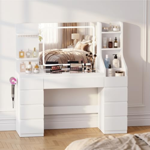 JUMMICO Schminktisch mit LED-Spiegel und Beleuchtung, 135 cm großer Frisiertisch mit Steckdose & USB, Schubladen und Glasplatte – Cremeweißer Vanity Tisch, Dressing Table für Schlafzimmer