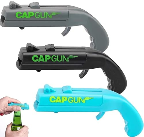 3 Stück Cap Gun,Flaschenöffner Lustig, Kronkorken Pistole, Bierdeckelpistole, Cap Gun Flaschenöffner Pistole, Gadgets für Männer für Zuhause Bar Party Trinken und Spiel- (Blau,grau,Schwarz)