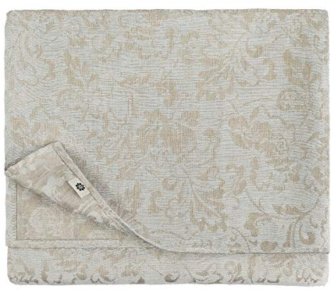 Linen & Cotton Jacquard Damast Tischdecke Stoff Cervo - 100% Leinen, Hellblau Blau Beige (147 x 250 cm) Tischtuch Tischwäsche Eckig mit Blumen Muster für Home Küche Dekoration Esszimmer Wohnzimmer