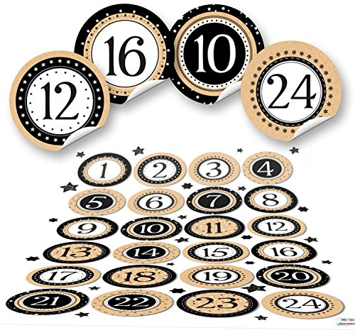 Zahlenaufkleber Adventskalender, 24 Stück: Zahlen Sticker Kalender 1 bis 24, Aufkleber Weihnachten & Advent, Zahlensticker Rund, Adventskalenderzahlen zum Aufkleben, Klebenummern, Etiketten, Ø 4 cm