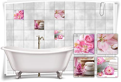 Medianlux Fliesen-Aufkleber SPA Wellness Orchidee Blumen Steine Schalle Rosa Bad WC Deko, 15x15cm fp5p503q-134885