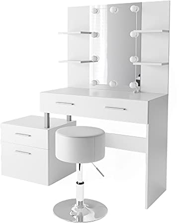 Vicco Schminktisch Maria, Kosmetiktisch mit Spiegel, Weiß, 132 cm mit LED Beleuchtung und Hocker