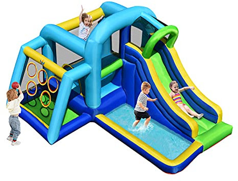 Maxmass Inflatable Bounce House, Kids Jumping Castle with Slide, Climbing Wall, Ball Throwing Area and Ball Pit Pool, Children Bouncer Playhouse for Indoor Outdoor (Without Blower)