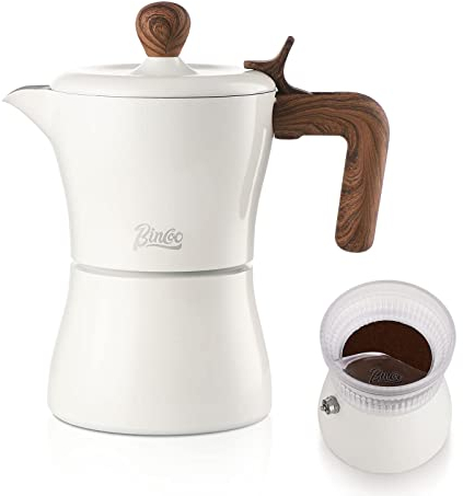 Bincoo Moka Pot Stovetop Espresso Maker 3 Cup, 5oz Stove Top Coffee Maker with Dosing Ring Dispenser(White)