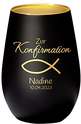 4you Design Windlicht Fisch mit Namen, Datum graviert (Metall-Schwarz-Gold) Geschenk zur Konfirmation, Teelichthalter für Patenkinder, Personalisierte Geschenkidee