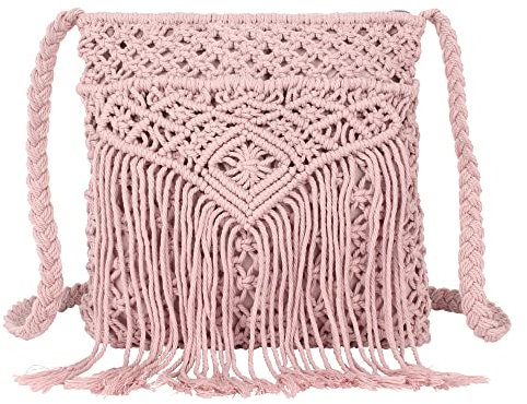 LA HUATE Bolso bandolera para mujer, hecho a mano, para verano, vacaciones, con borlas, estilo casual, bandolera, 7628-rosa, Talla única